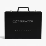 Terrazzo Granitech showroom sample set with 51 circular microtopping color chips and sealer samples.