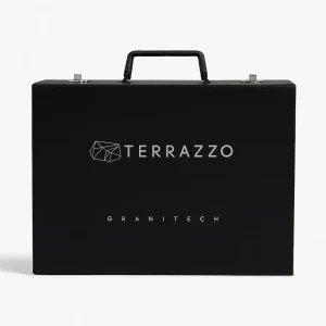 Terrazzo Granitech showroom sample set with 51 circular microtopping color chips and sealer samples.