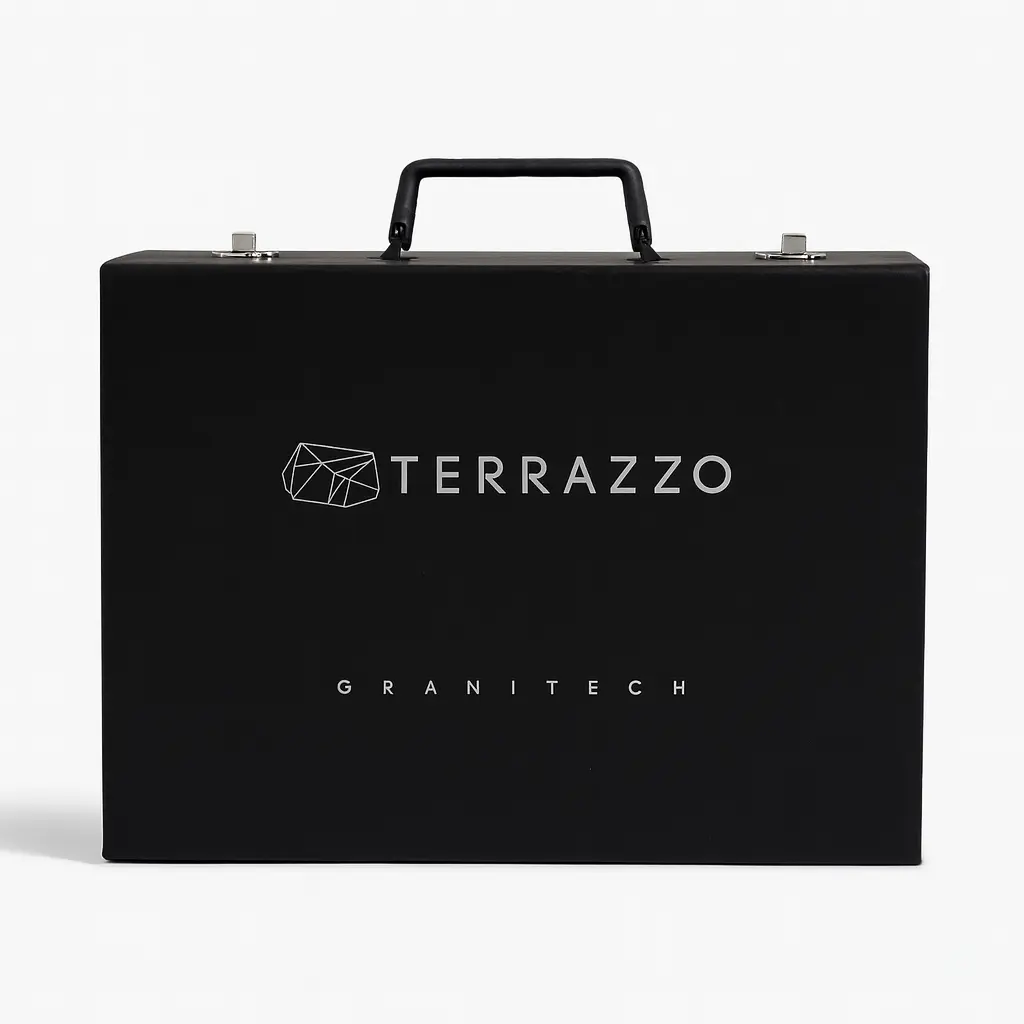 Terrazzo Granitech Showroom Sample Set - 51 Microtopping Color Chips and Sealers Terrazzo Granitech showroom sample set with 51 circular microtopping color chips and sealer samples.