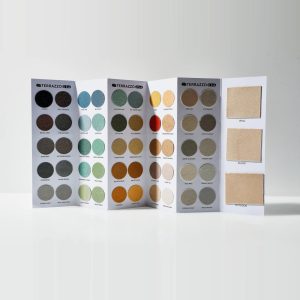 Terrazzo Granitech foldable Fine finish sample brochure showing 51 color swatches and sealer samples.