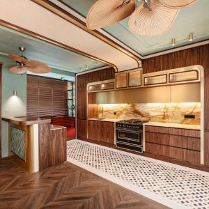 Terrazzo Granitech resin microtopping with Armourcoat satin PU sealer on kitchen ceiling and walls.