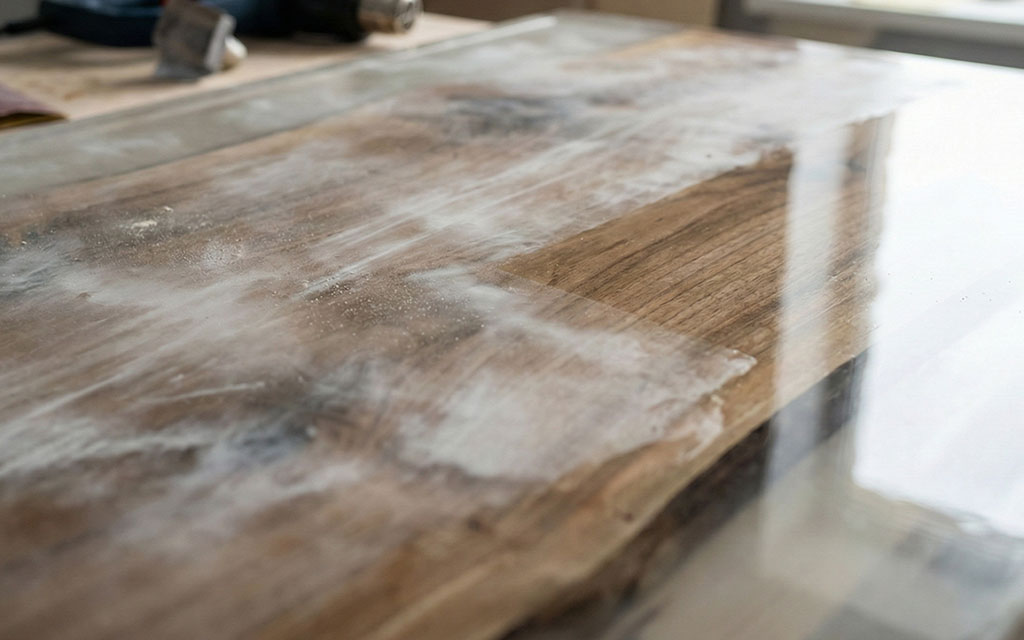 Cloudy hazy epoxy resin surface on wood caused by moisture contamination and humidity