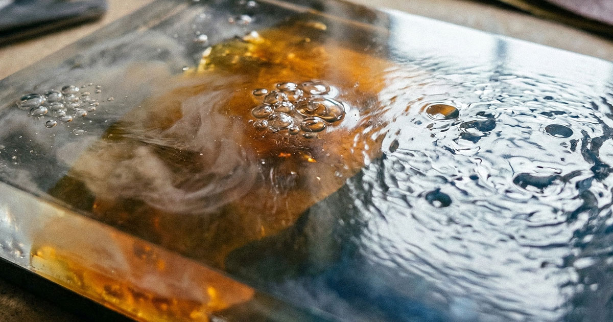Epoxy resin problems showing air bubbles and surface defects in cured resin coating