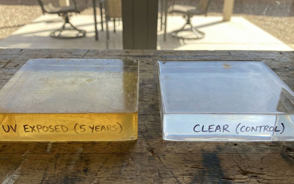 Epoxy resin yellowing and UV damage comparison showing 5 years of sunlight exposure