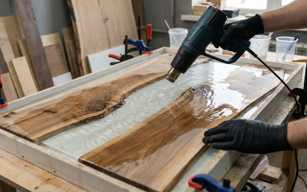 Using heat gun to remove air bubbles from epoxy resin on wood river table surface