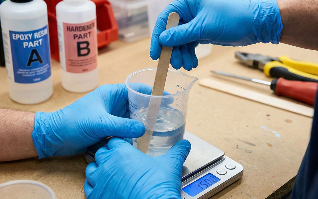 Measuring epoxy resin components on digital scale to ensure proper ratio and prevent curing problems