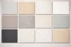 Terrazzo Granitech custom microtopping sample boards in multiple colors, textures, and finishes.