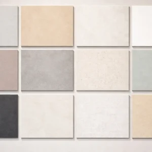 Terrazzo Granitech custom microtopping sample boards in multiple colors, textures, and finishes.