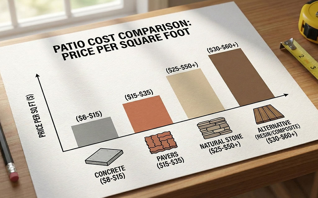 Cost comparison chart showing price per square foot for concrete pavers natural stone and alternative patio materials