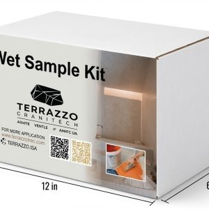 Terrazzo Granitech wet sample kit with four 32 oz microtopping finishes, primer and sealer containers.
