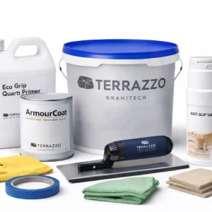 Terrazzo Granitech Medium complete kit with plaster, primer, sealer, and tools.