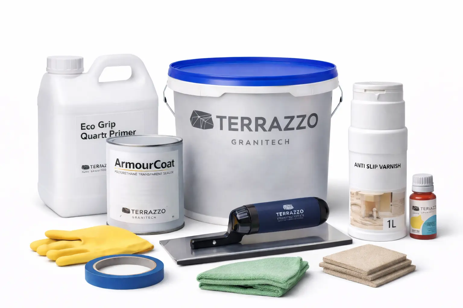 Terrazzo Granitech Medium 100 Sq Ft Complete Resin Plaster Kit Terrazzo Granitech Medium complete kit with plaster, primer, sealer, and tools.