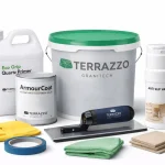 Terrazzo Granitech Microterrazzo 600Q kit for 100 sq ft, with resin, aggregates, and tools.