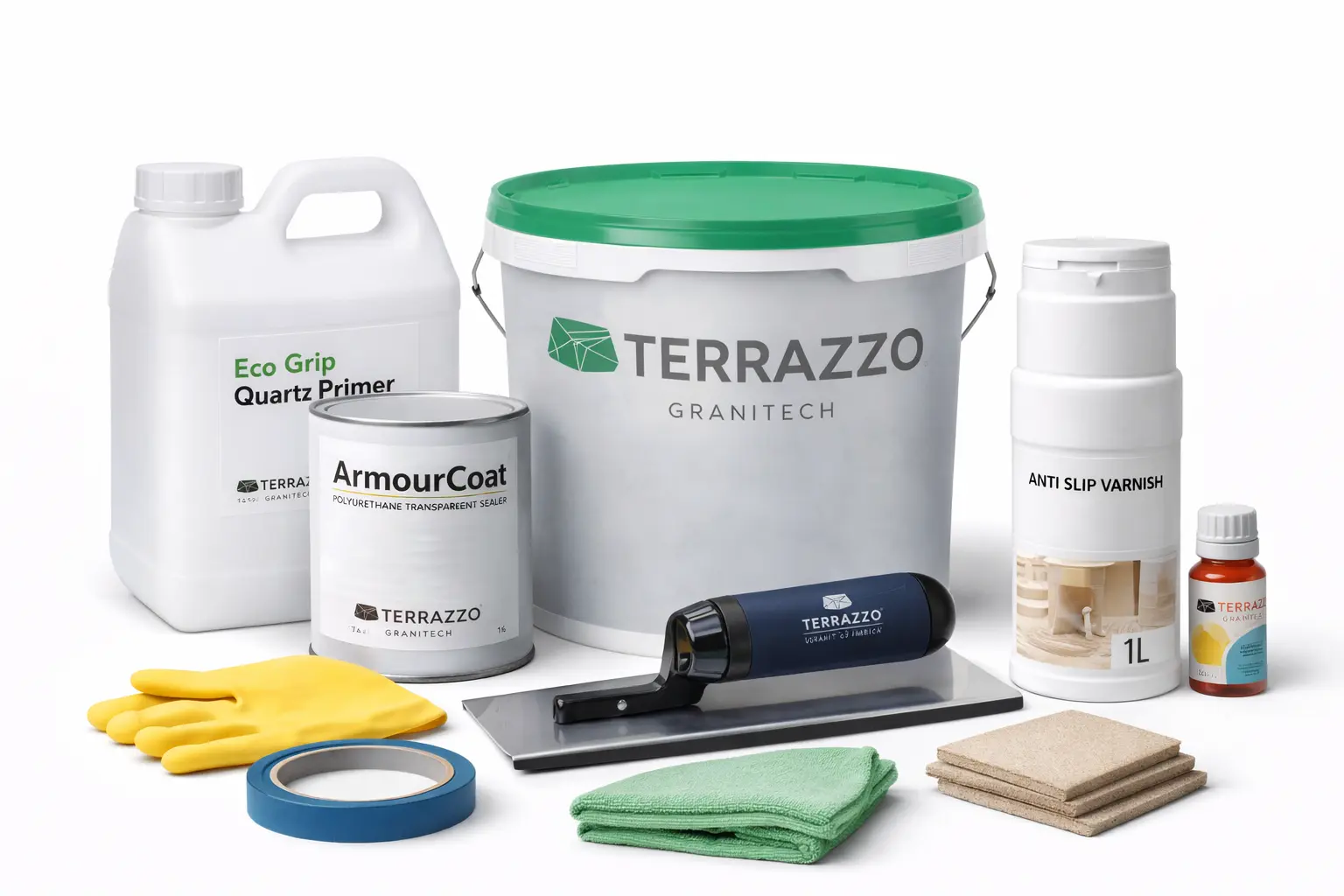 Complete Microterrazzo 600Q Installation Kit (Covers 100 Sq Ft) Terrazzo Granitech Microterrazzo 600Q kit for 100 sq ft, with resin, aggregates, and tools.