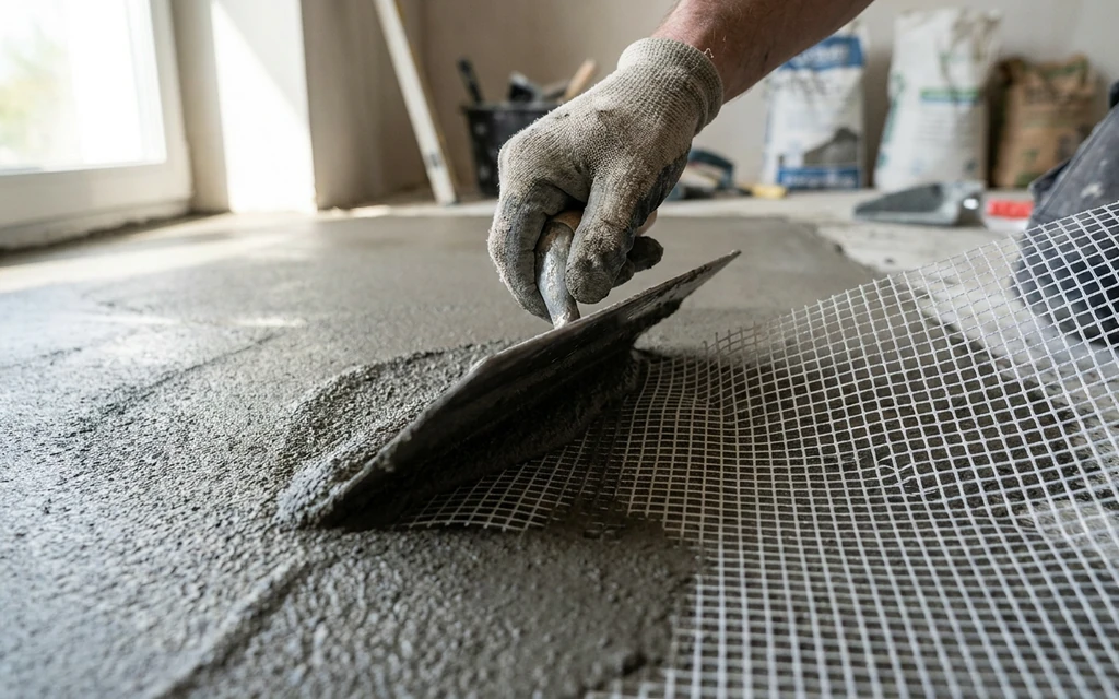 Gloved installer pressing fiberglass mesh for microcement into a wet base coat with a steel trowel