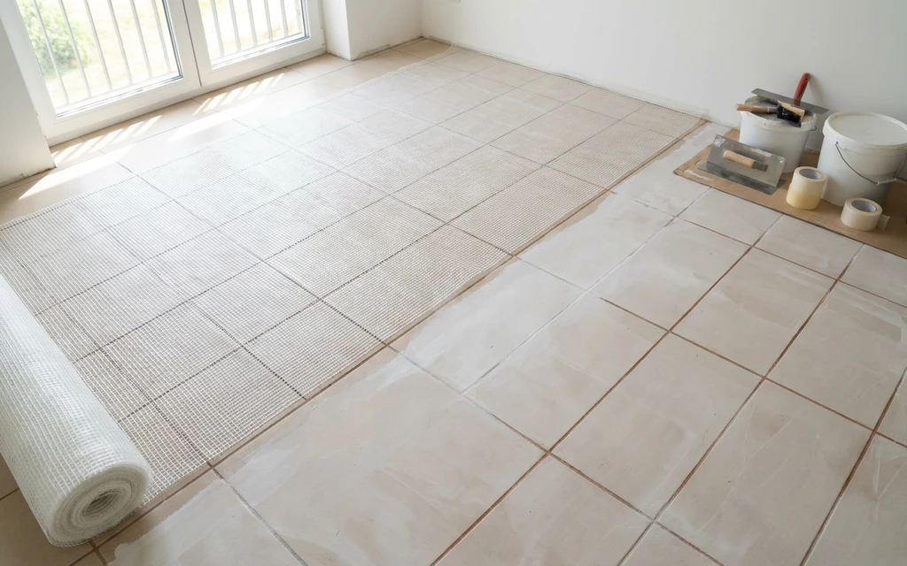 Roll of reinforcing mesh unrolled across a primed tiled floor with grout lines visible through the weave