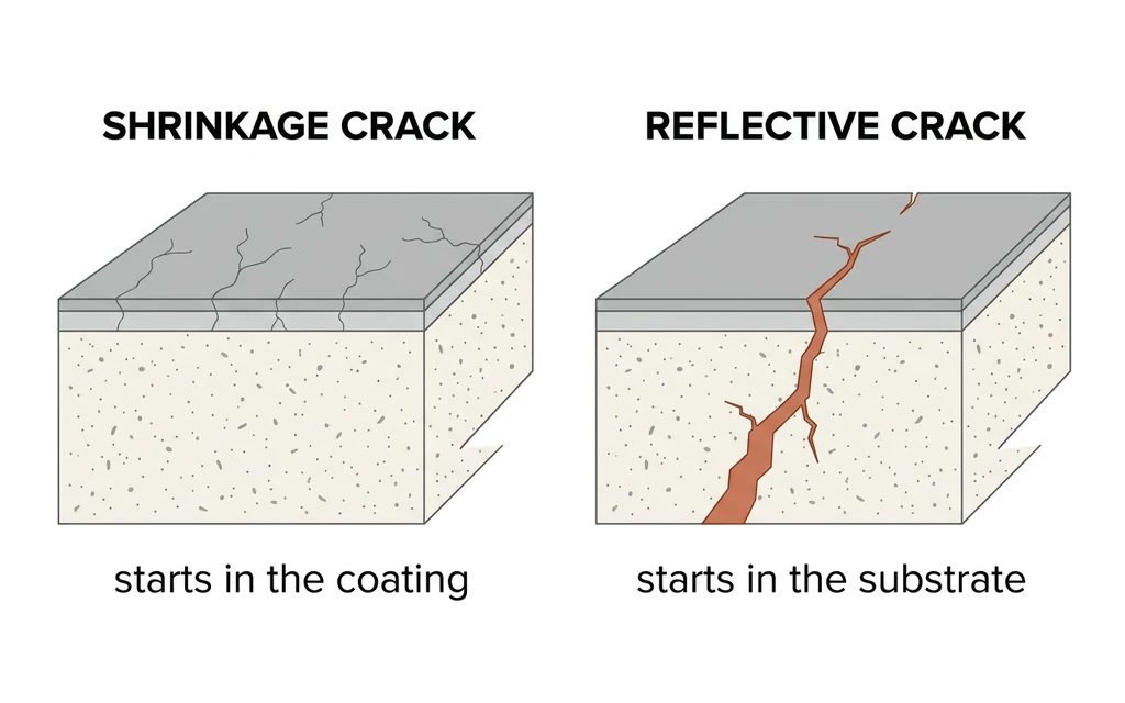 Cutaway diagram contrasting a shrinkage crack starting in the coating with a reflective crack from the substrate