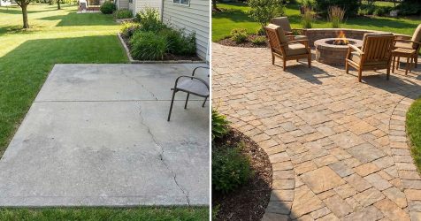 Side by side comparison of plain concrete patio versus natural stone patio alternative showing cost and aesthetic differences